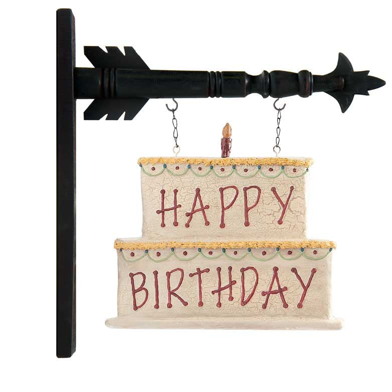 A wooden double-sided 'Happy Birthday' cake-shaped arrow sign replacement, with dimensions 11H x 12.5W x 1.