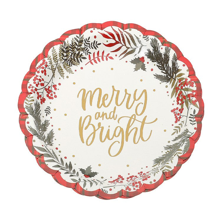 Merry and Bright Christmas Greenery Small Paper Plates