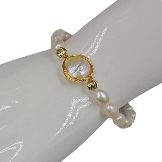Gold Wire Wrapped Coin Pearl Pendant Bracelet