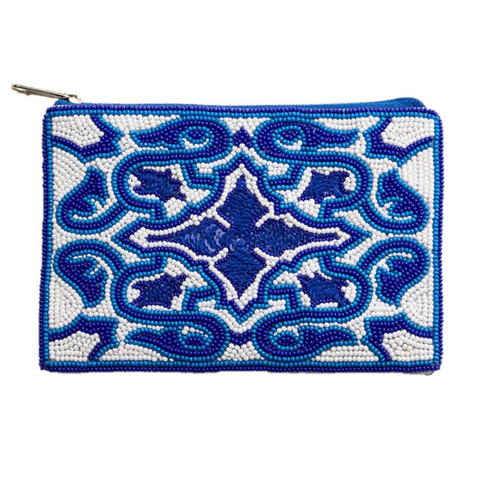 Geometric Seed Beaded Pouch Bag Coin Purse (Blue & White)