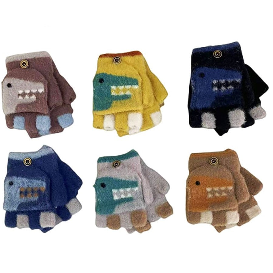 Dinosaur Toddler Winter Convertible Fingerless Gloves with Mitten Cover (Assorted Colors)