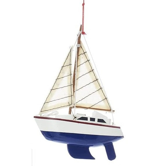 Nautical Wooden Yacht Sailboat Christmas Tree Ornament (Blue)