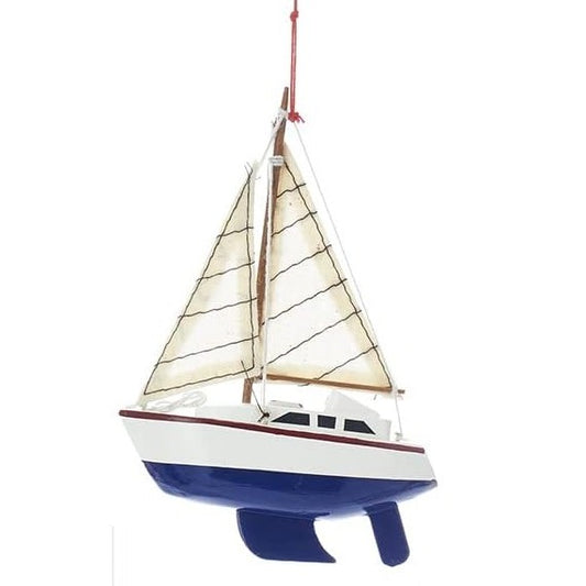 Nautical Wooden Yacht Sailboat Christmas Tree Ornament (Blue)