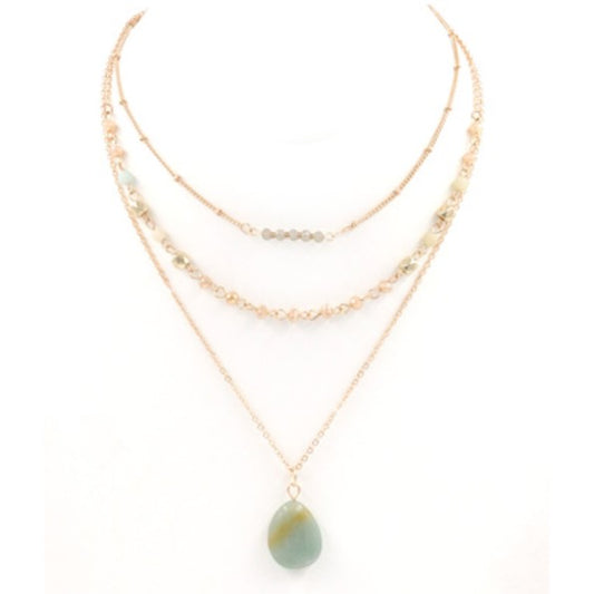 Layered Glass Bead Stone Charm Necklace