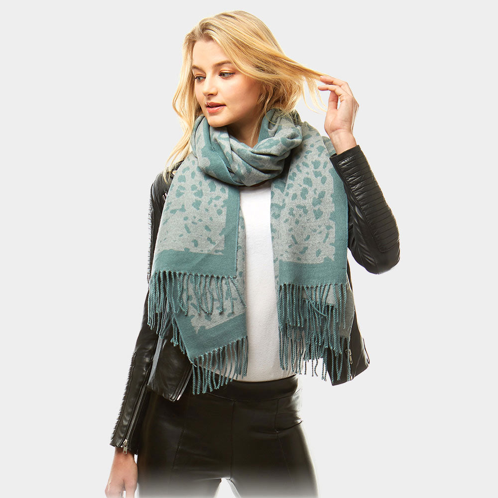 Leopard Cashmere Feel Oblong Scarf (Mint)