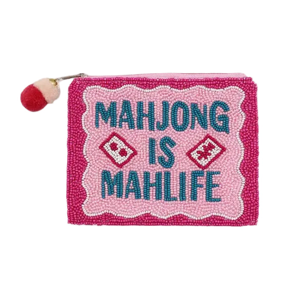 mahjong coin purse, mahjong gift, mahjong pouch, beaded mahjong bag, mahjong accessory, mahjong player gift, seed beaded coin purse, game night gift, mahjong lover gift, mahjong tournament gift, pink beaded pouch, mahjong wallet