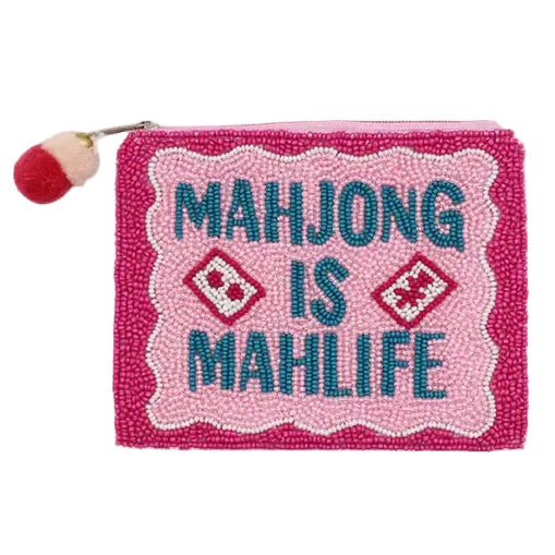 mahjong coin purse, mahjong gift, mahjong pouch, beaded mahjong bag, mahjong accessory, mahjong player gift, seed beaded coin purse, game night gift, mahjong lover gift, mahjong tournament gift, pink beaded pouch, mahjong wallet