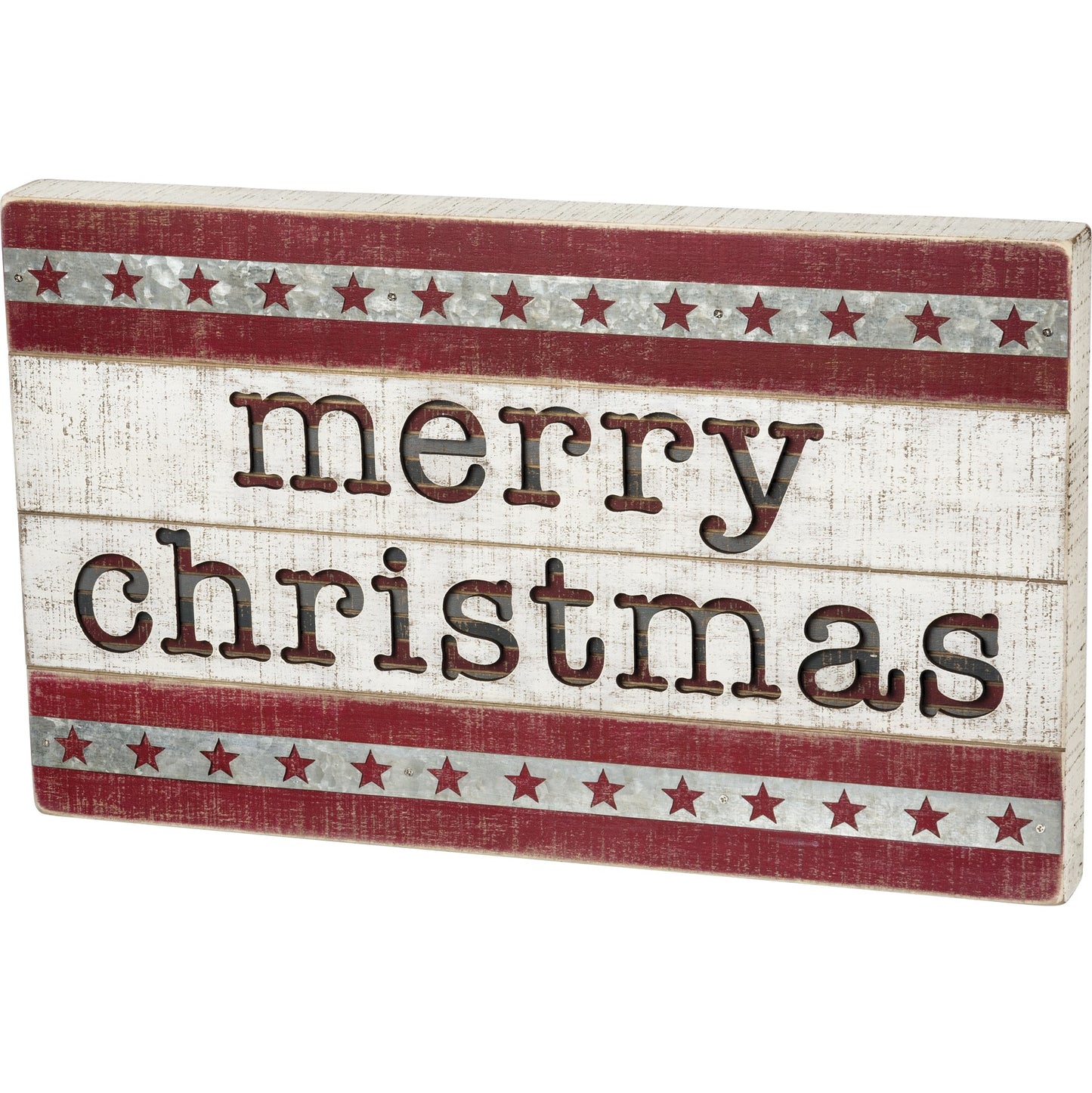 Merry Christmas Striped Slat Box Sign with Stars