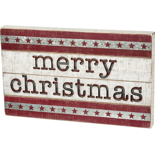 Merry Christmas Striped Slat Box Sign with Stars