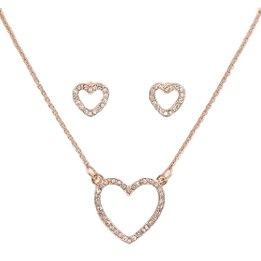 A rose gold metal heart cut out pendant necklace with rhinestones, accompanied by a matching earring set.