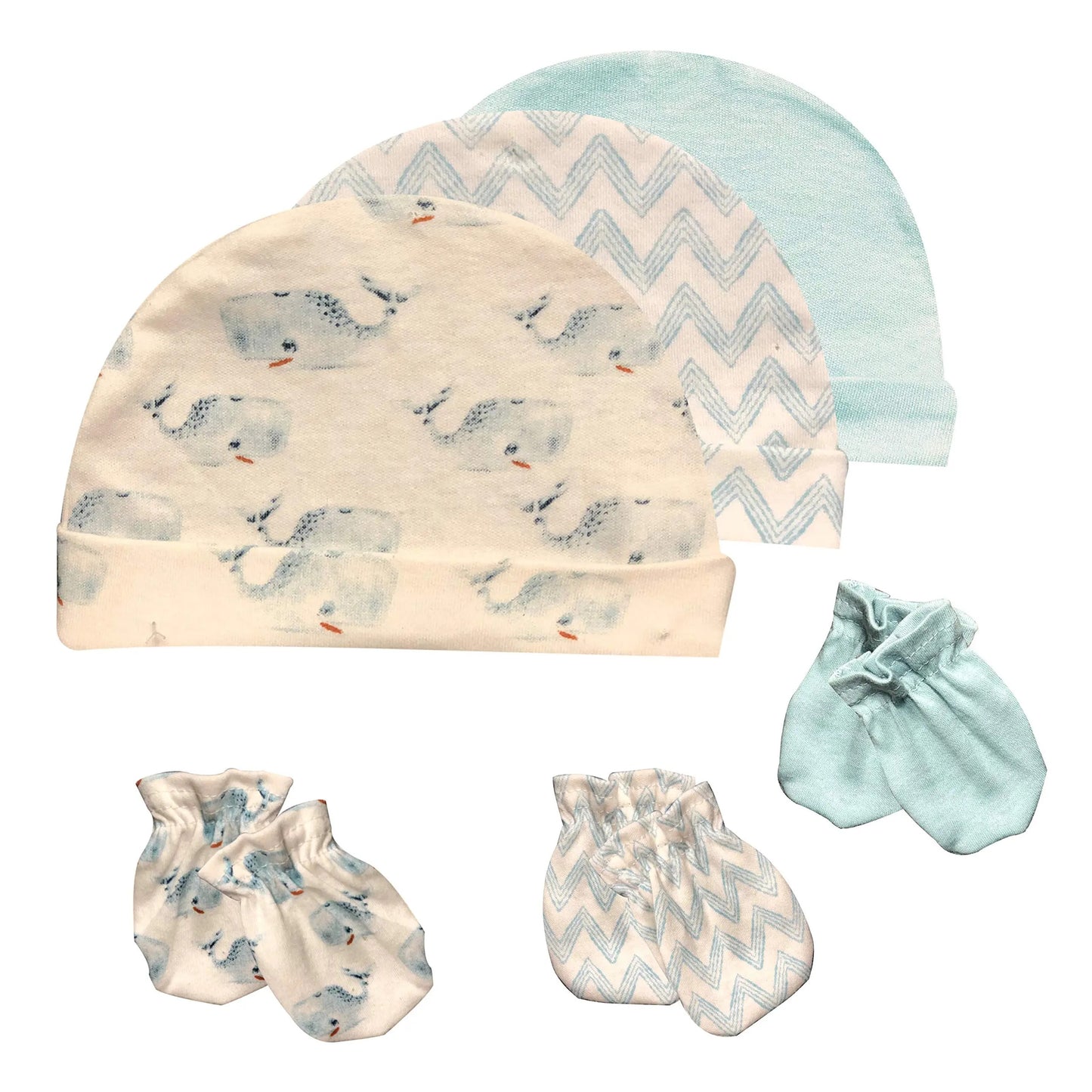 Whale, Zig Zag, and Solid Baby Newborn Cap & No Scratch Mitten Set