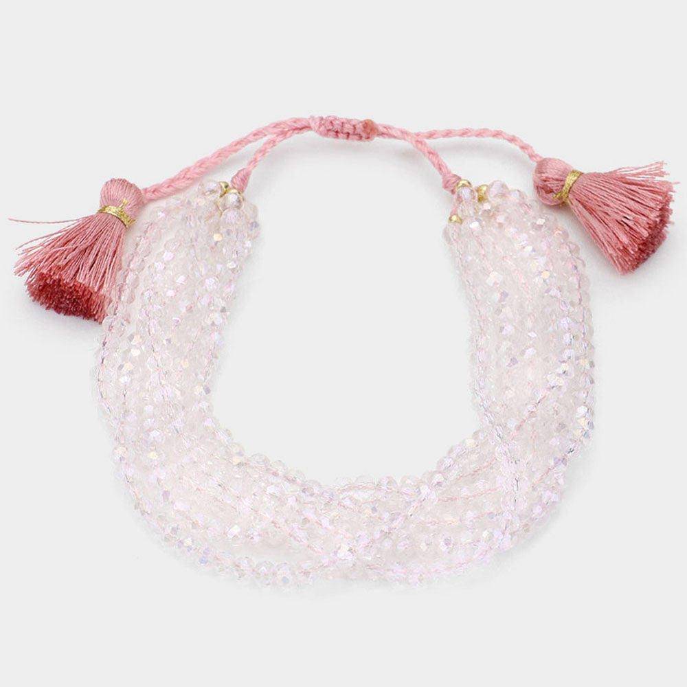 Multi Layered Faceted Beaded Tassel Cinch Bracelet (Clear, Pink)