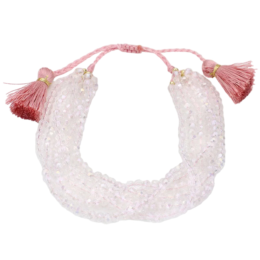 Multi Layered Faceted Beaded Tassel Cinch Bracelet (Clear, Pink)