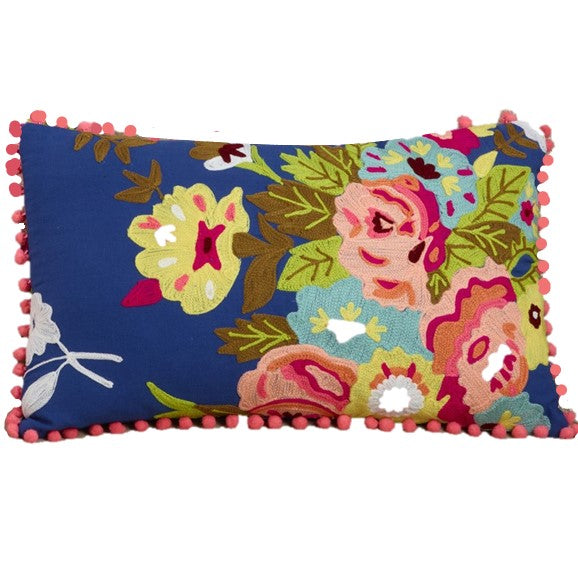 Colorful Embroidered Floral Throw Pillow