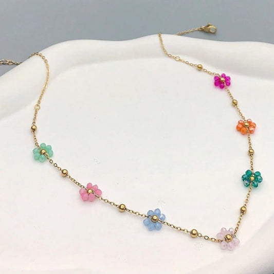 Colorful Beaded Floating Flowers on Gold Chain Necklace