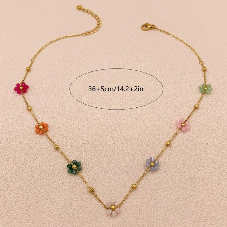 Colorful Beaded Floating Flowers on Gold Chain Necklace