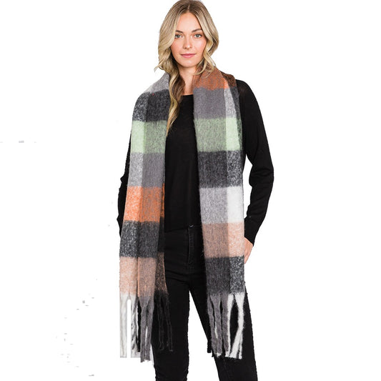 Colorful Plaid Check Fringe Oblong Scarf (Black, Taupe)