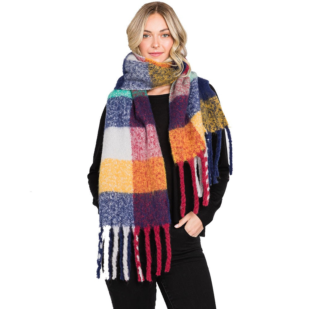 Colorful Plaid Check Fringe Oblong Scarf (Blue, Yellow)