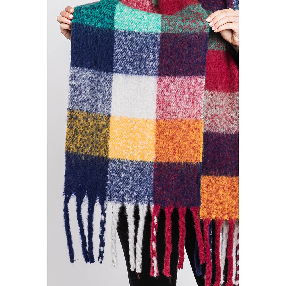 Colorful Plaid Check Fringe Oblong Scarf (Blue, Yellow)