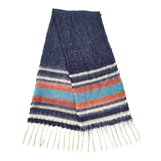 Striped Cozy Scarf with Fringe (Navy Blue)