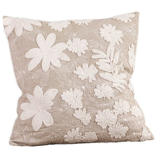 Natural Embroidered Floral Throw Pillow