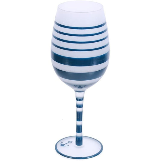 Nautical Anchor Frosted Navy Blue Striped Wine Glass with Anchor