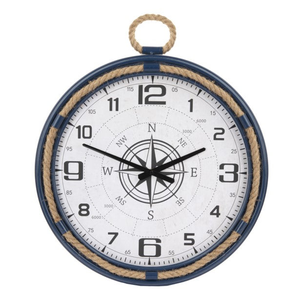 Nautical Navy Blue, White, & Rope Compass Wall Clock