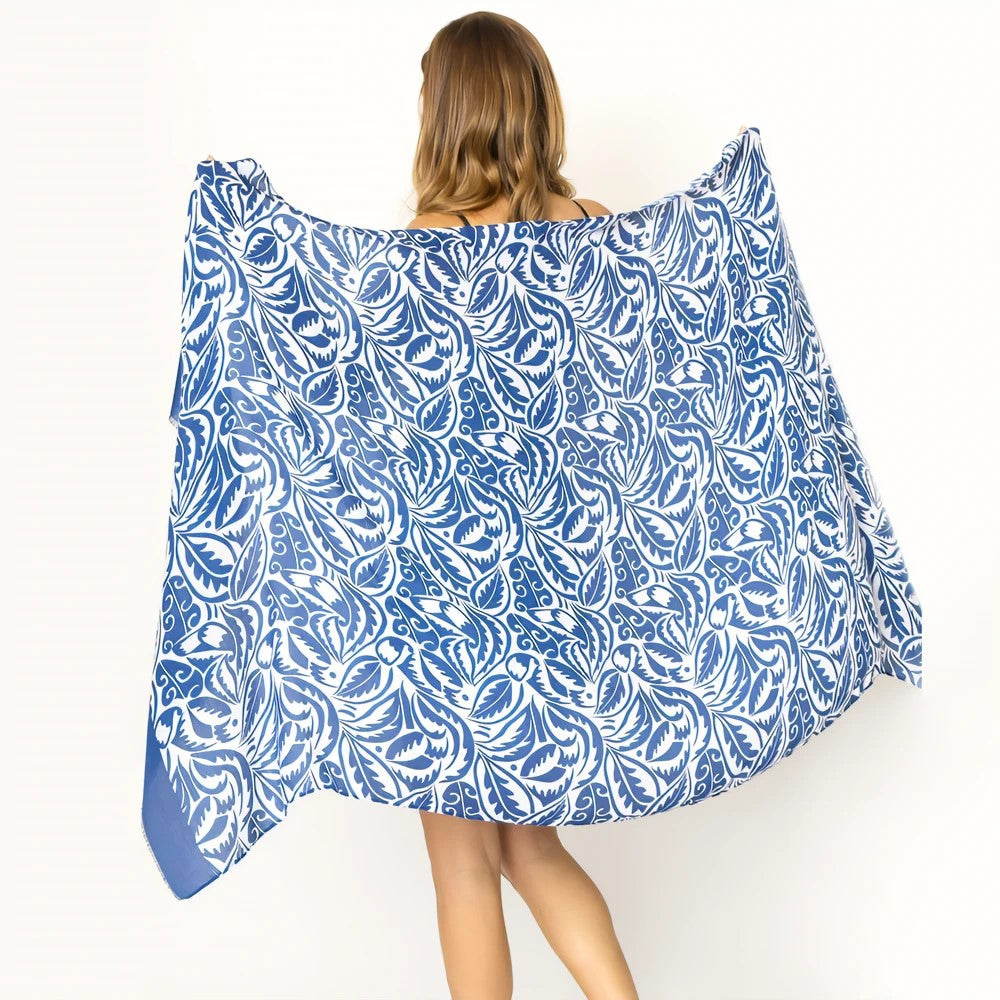 Floral Paisley Oblong Scarf Pareo (Navy Blue, White)