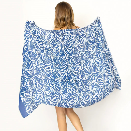 Floral Paisley Oblong Scarf Pareo (Navy Blue, White)