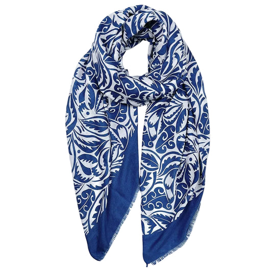 Navy Blue Floral Paisley Scarf White