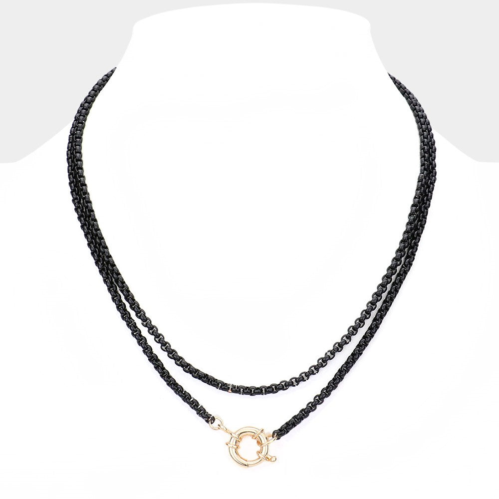 Ring Pendant Double Layered Chain Necklace (Black, Gold)