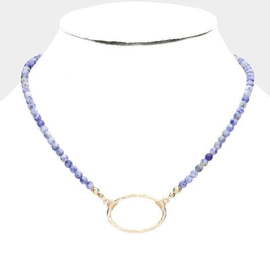 Open Oval Pendant Semi Precious Necklace (Blue)