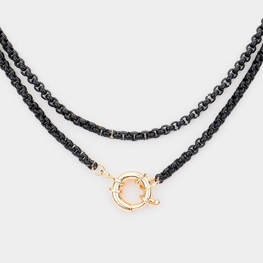 Ring Pendant Double Layered Chain Necklace (Black, Gold)