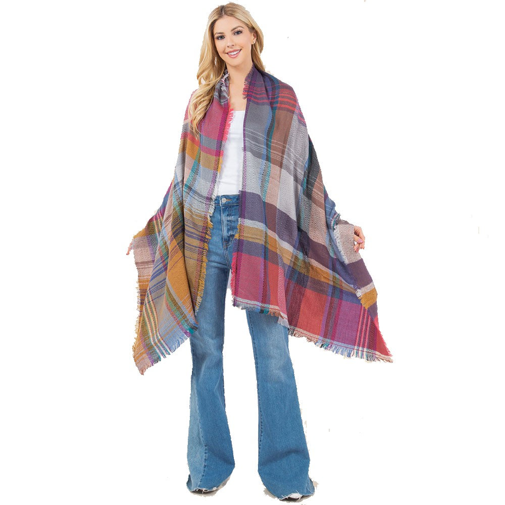 Oversized Frayed Edge Soft Weave Plaid Scarf (Pink)