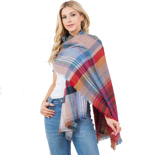Oversized Frayed Edge Soft Weave Plaid Scarf (Red)