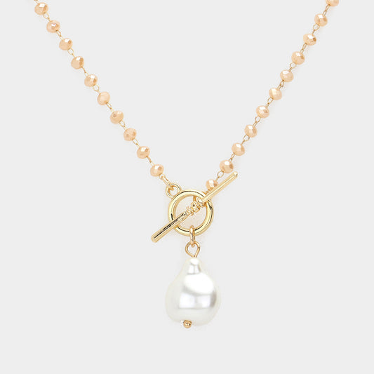Pearl Pendant Faceted Beaded Toggle Necklace (Gold, Cream)