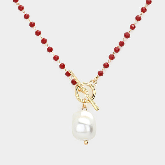 Pearl Pendant Faceted Beaded Toggle Necklace (Burgundy)