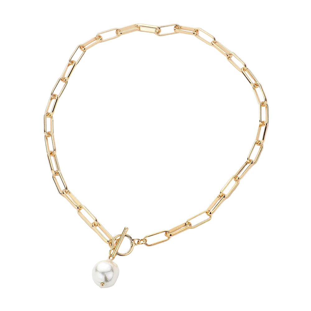 A gold-colored link chain necklace with a pearl pendant and a toggle clasp.
