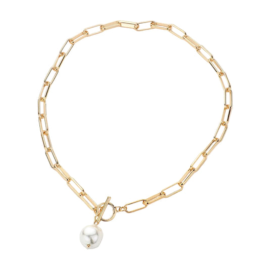 A gold-colored link chain necklace with a pearl pendant and a toggle clasp.