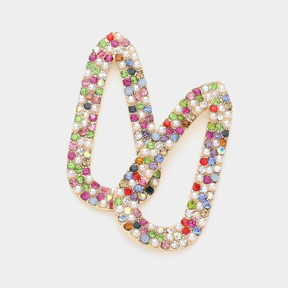 Pearl Rhinestone Open Teardrop Dangle Earrings (Multi, Cream)