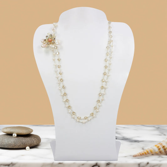 Pearl Flower Blossom Cascading Layered Crystal Necklace
