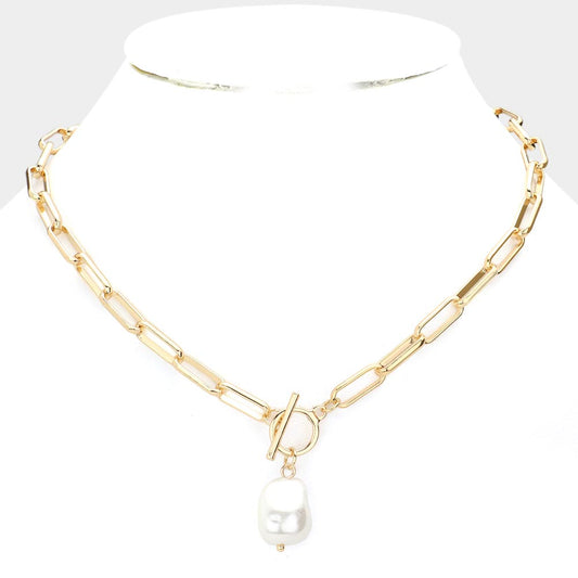 Large Link Pearl Pendant Toggle Necklace (Gold)