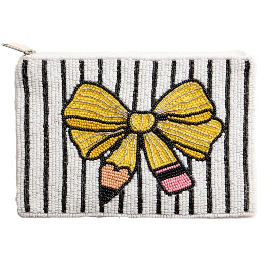 Pencil Bow Striped Seed Beaded Pouch Bag Coin Purse