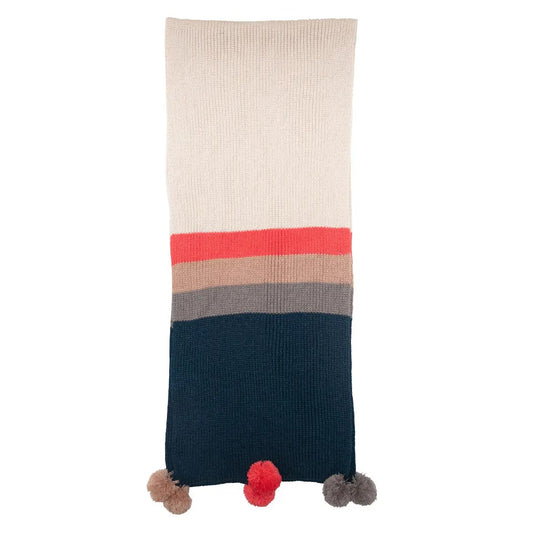 Piccadilly Navy Blue, Cream and Pink Stripe Scarf with Pom Poms
