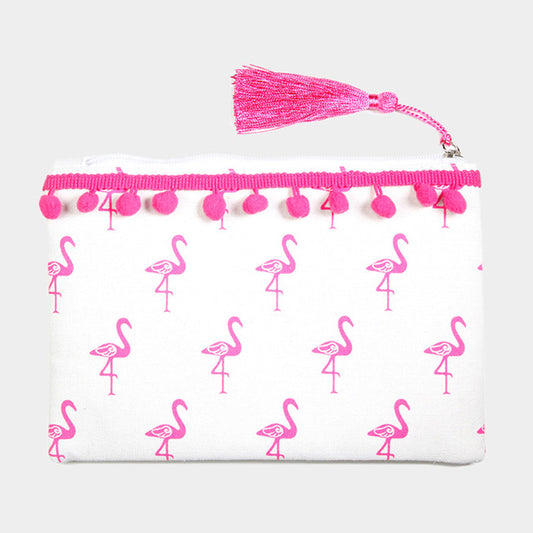 Tiny Pom Pom Tassel Pouch Bag (Pink Flamingo)