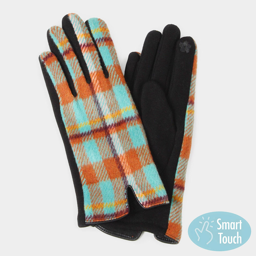 Plaid Check Smart Touch Winter Gloves (Turquoise)