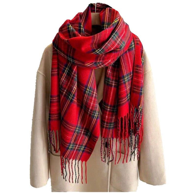 Red Tartan Plaid Scarf with Fringe