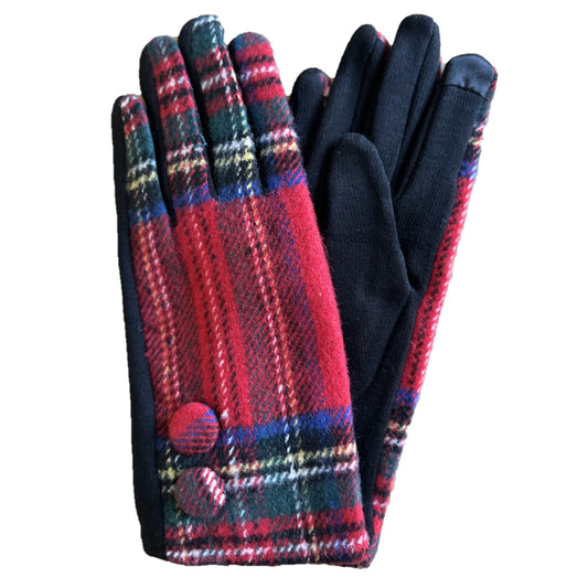 Tartan Plaid Button Smart Touch Winter Gloves (Red)