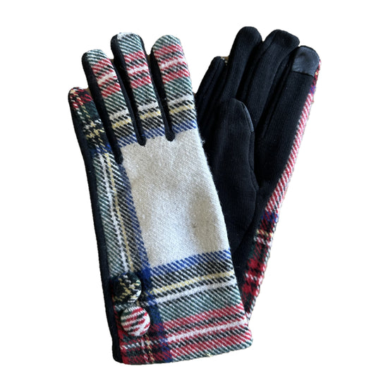Tartan Plaid Button Smart Touch Winter Gloves (White)