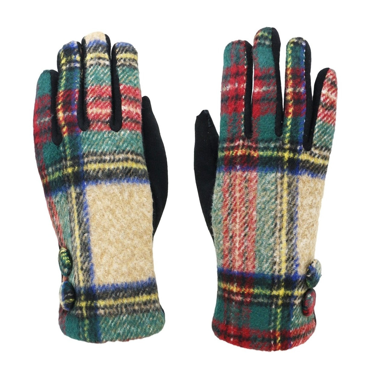 Tartan Plaid Button Smart Touch Winter Gloves (Beige)